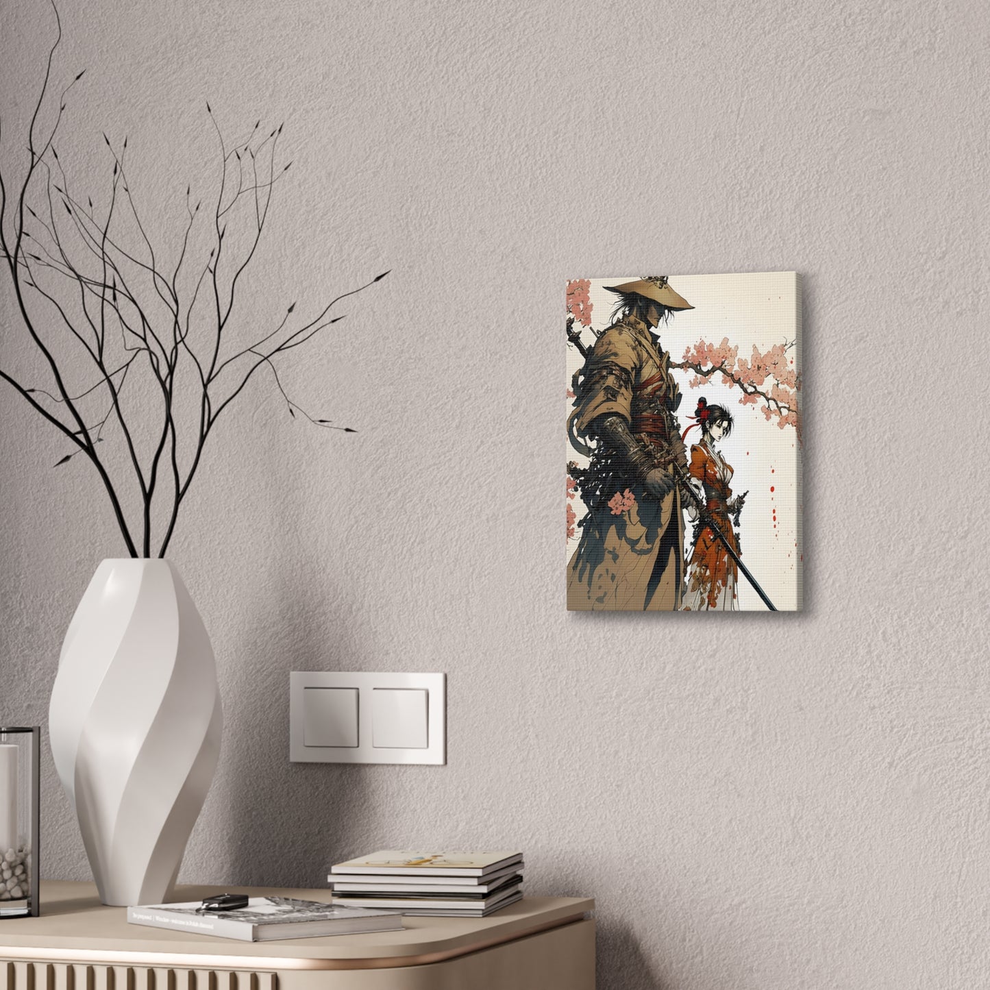 Samurai Ronin and Woman Warrior Art Print - Cherry Blossom Serenity The perfect gift for gamers and art collectors