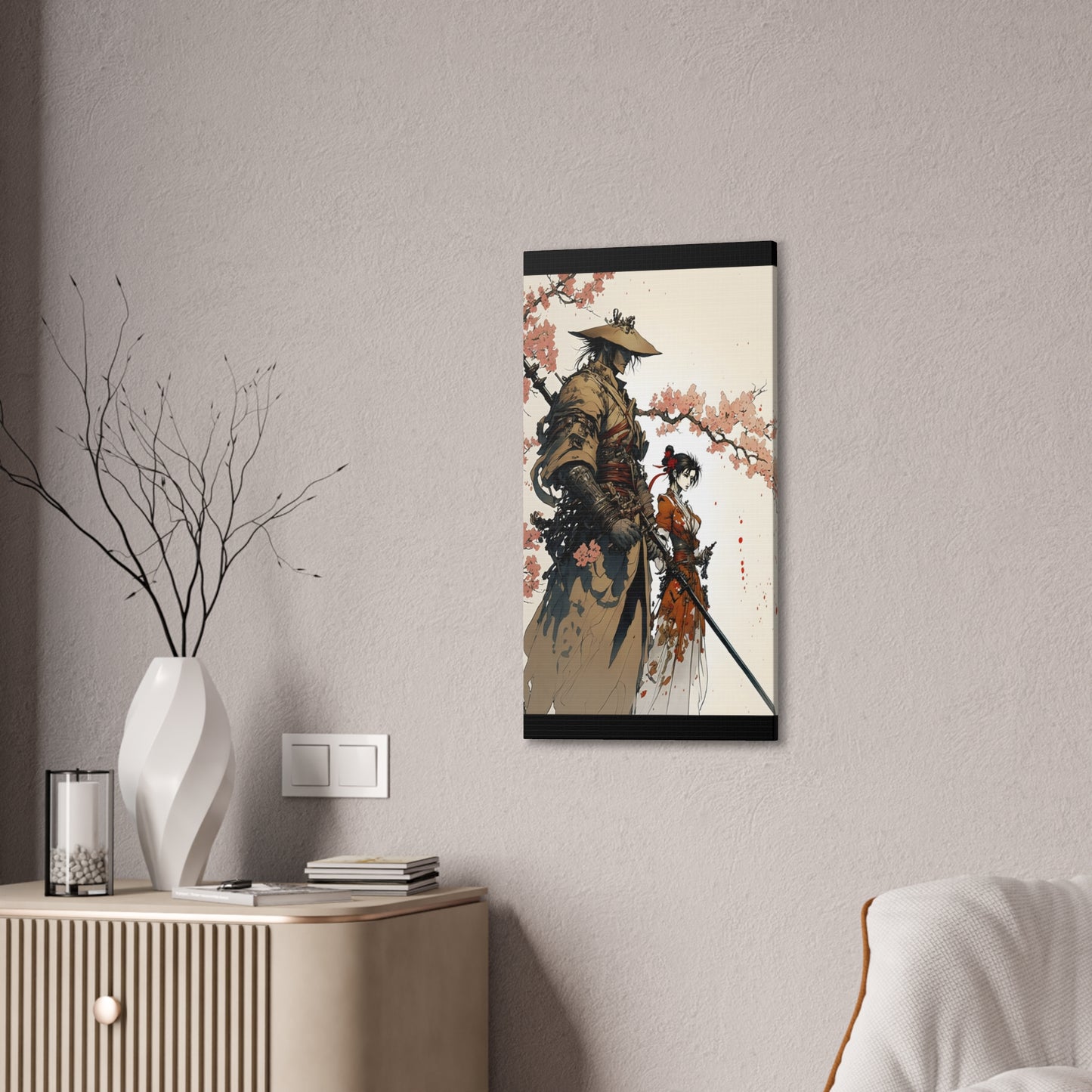 Samurai Ronin and Woman Warrior Art Print - Cherry Blossom Serenity The perfect gift for gamers and art collectors